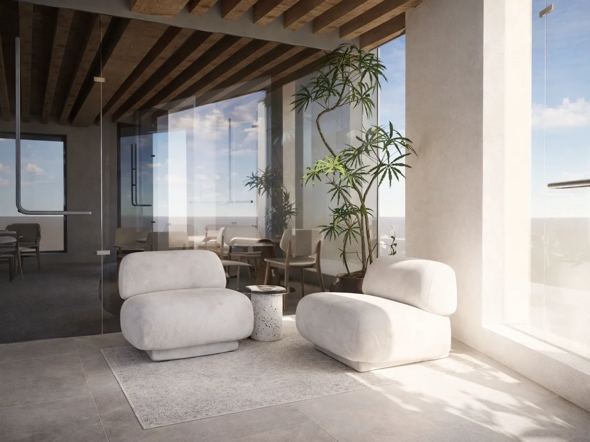Un rendu 3D : deux fauteuils blancs devant une grande baie vitrée.