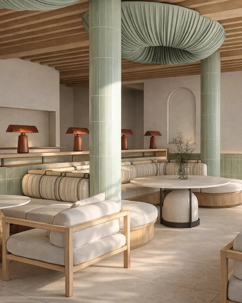Le café de l'hôtel : colonnes en carreaux vert sauge, banquettes claires et plafond en bois.